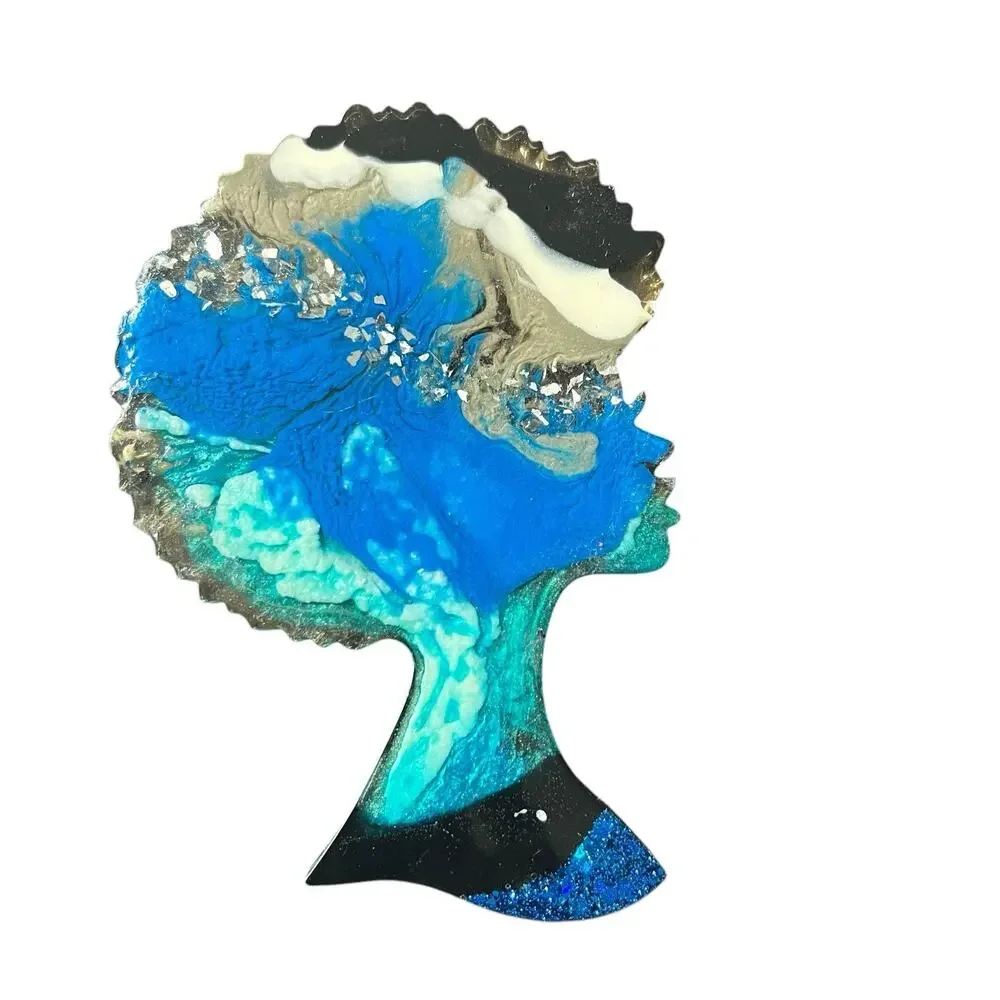 Afro Lady Head Resin Coasters Blue Green Black Set of Three